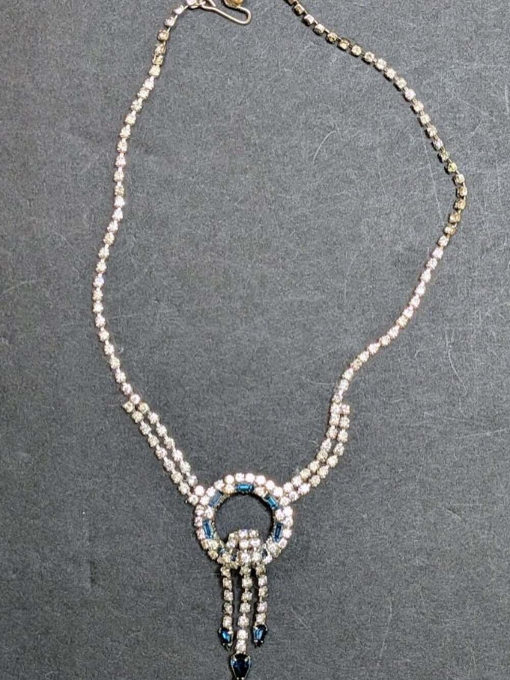 Vintage 1950s Blue Clear Rhinestone Statement Necklace Art Deco Style